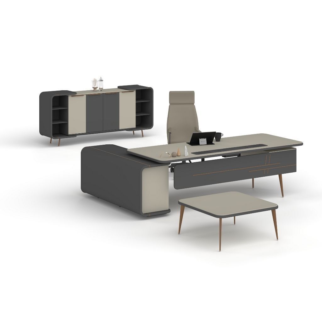 Ritim Etajerli Yönetici Masası Selenit - Füme - Bakır - 200x90